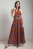 OOAK silk scarf dress boho bohemian sari halter tiered maxi deep plunging open back floor length flowy red purple floral ONE SIZE S M L