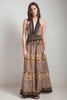 OOAK boho silk sari halter tiered maxi dress deep plunging open back floor length flowy black cream floral ONE SIZE S M L