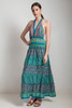 open back maxi dress OOAK boho silk sari halter tiered deep plunging floor length flowy green pink paisley floral ONE SIZE S M L