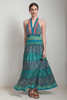 open back maxi dress OOAK boho silk sari halter tiered deep plunging floor length flowy green pink paisley floral ONE SIZE S M L