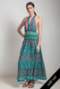open back maxi dress OOAK boho silk sari halter tiered deep plunging floor length flowy green pink paisley floral ONE SIZE S M L
