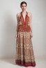 OOAK bohemian silk sari halter tiered maxi dress deep plunging open back floor length flowy red cream floral ONE SIZE S M L