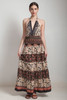 OOAK silk scarf dress bohemian sari halter tiered maxi deep plunging open back floor length flowy black cream floral paisley ONE SIZE S M L