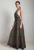 OOAK bohemian silk sari halter tiered maxi dress deep plunging open back floor length flowy green navy blue floral paisley ONE SIZE S M L