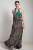 OOAK bohemian silk sari halter tiered maxi dress deep plunging open back floor length flowy green navy blue floral paisley ONE SIZE S M L