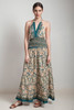 OOAK bohemian silk scarf dress sari halter tiered maxi deep plunging open back floor length flowy green cream floral paisley ONE SIZE S M L