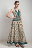OOAK bohemian silk scarf dress sari halter tiered maxi deep plunging open back floor length flowy green cream floral paisley ONE SIZE S M L