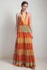 OOAK boho tiered maxi dress bohemian silk sari halter deep plunging open back floor length flowy orange floral ONE SIZE S M L
