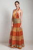 OOAK boho tiered maxi dress bohemian silk sari halter deep plunging open back floor length flowy orange floral ONE SIZE S M L