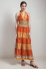 OOAK boho tiered maxi dress bohemian silk sari halter deep plunging open back floor length flowy orange floral ONE SIZE S M L