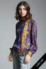 vintage silk blouse top blue gold floral medallion print high neck asymmetrical long sleeves MEDIUM M 8