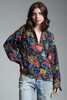 vintage silk blouse top paisley crest print navy green red gold long sleeves MEDIUM M