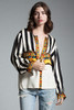 vintage paneled damask silk blouse top black white stripes gold tassel jewel print long sleeves MEDIUM M