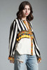 vintage paneled damask silk blouse top black white stripes gold tassel jewel print long sleeves MEDIUM M