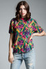 vintage pure silk blouse bold flower floral print checker board short sleeves MEDIUM M