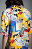 vintage silk blouse top kitschy Moulin Rouge French comic poster print yellow blue short sleeves SMALL S