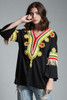 vintage 70s boho hippie tunic top dashiki embroidery trim fringes bell sleeves black yellow red LARGE L