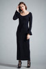 vintage 70s maxi sweater dress black flounced bell long sleeves eyelet MEDIUM M