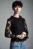 vintage 60s black lace top blouse long flounce sleeves evening floral MEDIUM M