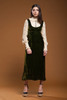 vintage 70s prairie maxi dress pinafore empire green velvet cream crochet lace peter pan collar long sleeves SMALL S