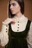 vintage 70s prairie maxi dress pinafore empire green velvet cream crochet lace peter pan collar long sleeves SMALL S