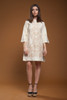 vintage 60s mod organza mini dress eyelet cream floral embroidery flare sleeves SMALL MEDIUM S M