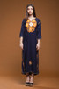 vintage 70s kaftan maxi dress ethnic floral embroidery navy blue orange bold flowers SMALL MEDIUM S M