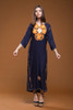 vintage 70s kaftan maxi dress ethnic floral embroidery navy blue orange bold flowers SMALL MEDIUM S M