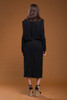 vintage 80s wool knit dress black leather suede waistband long sleeves draped pleats LARGE L