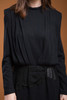 vintage 80s wool knit dress black leather suede waistband long sleeves draped pleats LARGE L