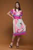 vintage 80s satin day dress abstract print pink purple shiny short sleeves MEDIUM M