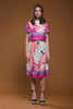 vintage 80s satin day dress abstract print pink purple shiny short sleeves MEDIUM M