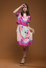 vintage 80s satin day dress abstract print pink purple shiny short sleeves MEDIUM M