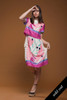 vintage 80s satin day dress abstract print pink purple shiny short sleeves MEDIUM M