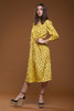 vintage 80s pleated wrap midi dress yellow black polka dot crinkled MEDIUM M