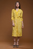 vintage 80s pleated wrap midi dress yellow black polka dot crinkled MEDIUM M