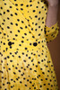 vintage 80s pleated wrap midi dress yellow black polka dot crinkled MEDIUM M