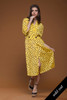 vintage 80s pleated wrap midi dress yellow black polka dot crinkled MEDIUM M