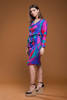 vintage 80s silk dress Flora Kung cowl neck batwing sleeves belted colorblock pink blue green LARGE L