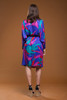 vintage 80s silk dress Flora Kung cowl neck batwing sleeves belted colorblock pink blue green LARGE L