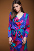 vintage 80s silk dress Flora Kung cowl neck batwing sleeves belted colorblock pink blue green LARGE L