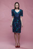 sequin dress blue, pointy hem, party cocktail blue purple black short sleeves vintage 80s MEDIUM M