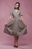50s shirtwaist dress khaki brown cotton pleated skirt short sleeves boxer dog buttons vintage 50s MEDIUM LARGE M L