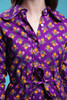 peter pan collar shirt dress duster belted cotton purple floral print long sleeve vintage 70s SMALL S