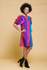 balloon sleeve dress stripes pink purple blue gathered puff sleeves vintage 80s SMALL MEDIUM S M