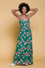 halter maxi dress pomegranate fruit print Hawaiian green pink kitschy vintage 70s SMALL S