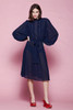 sheer see through secretary dress ruffled collar long balloon sleeves belted navy blue vintage 70s ONE SIZE S M L small medium large
