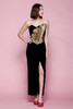 evening dress gown prom ornate structural decorative pleated ruffles gold metallic black velvet high slit vintage 80s EXTRA SMALL XS