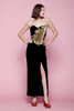 evening dress gown prom ornate structural decorative pleated ruffles gold metallic black velvet high slit vintage 80s EXTRA SMALL XS