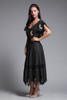 Oaxacan Mexican fiesta dress black floral embroidered lace pintuck handkerchief hem vintage 70s LARGE L